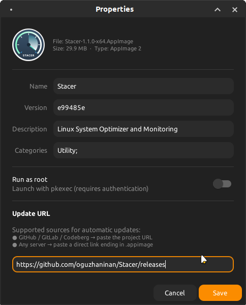 Properties dialog