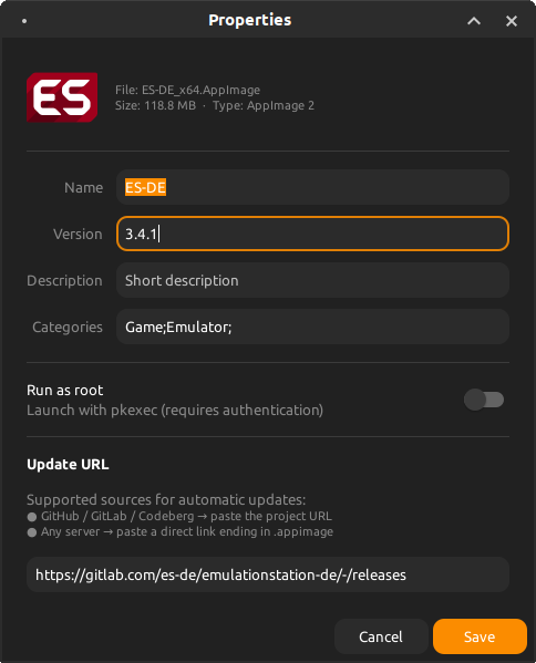 AppImage Manager properties update URL