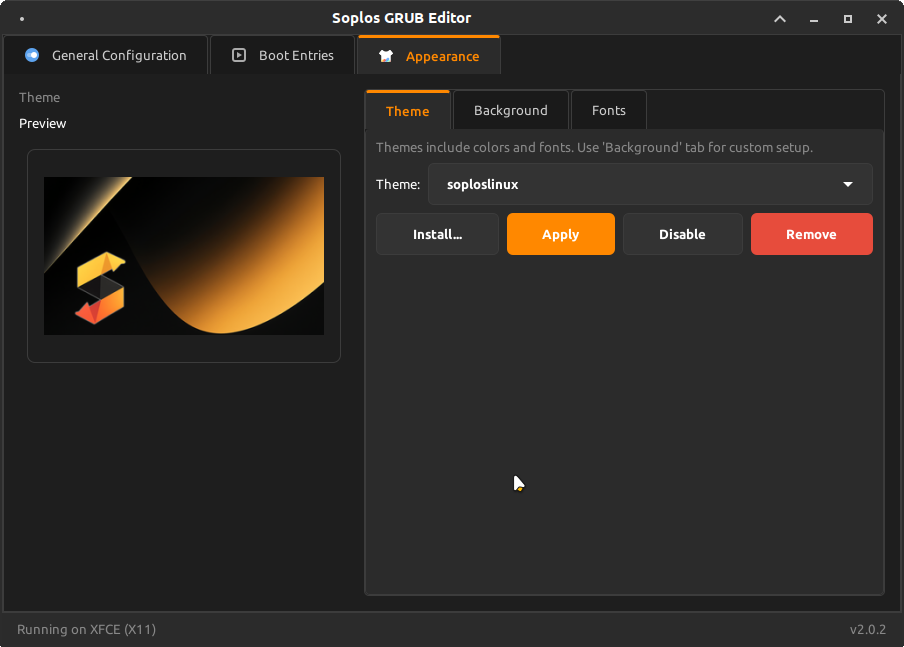 GRUB Editor — Appearance: Theme