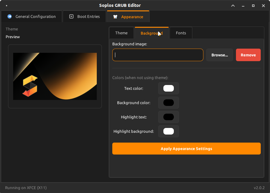 GRUB Editor — Appearance: Background