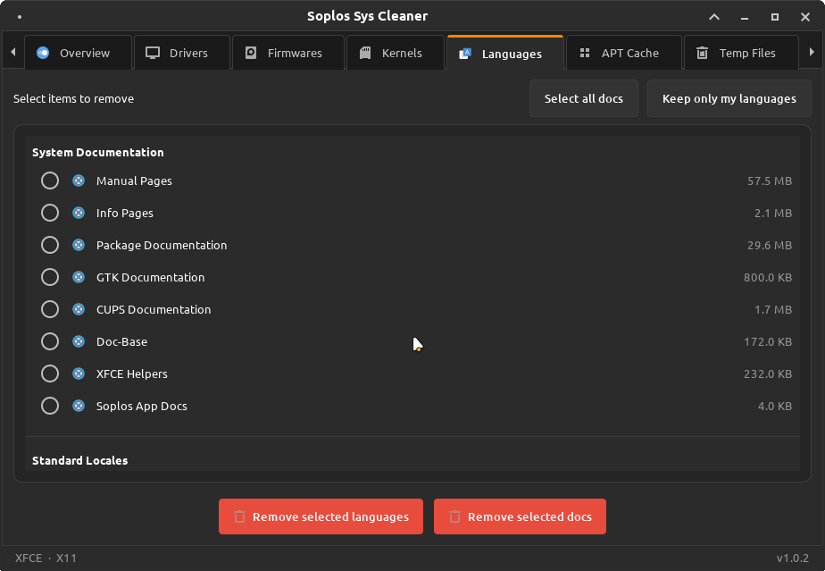Sys Cleaner languages and docs tab