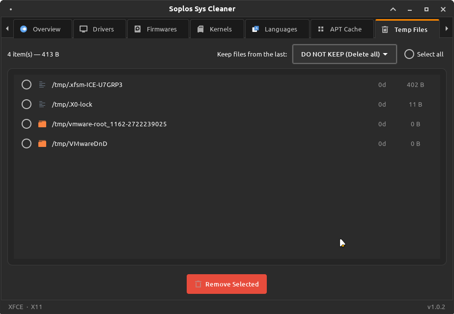 Sys Cleaner temp files tab