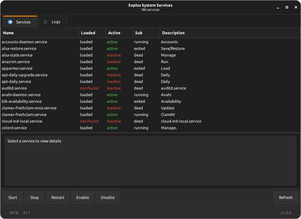 Soplos System Service — Services tab