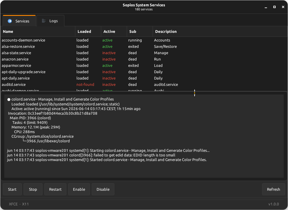 Soplos System Service — Services tab — Service details