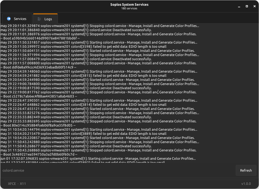 Soplos System Service — Logs tab